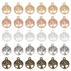300Pcs 5 Colors Alloy Charms, Flat Round with Tree of Life Charm, Mixed Color, 12x10x1.7mm, Hole: 1.2mm, 60pcs/color(FIND-HY0002-61)