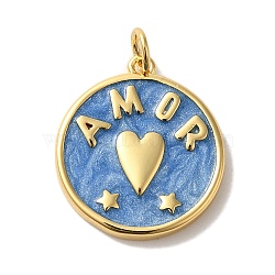 Brass Enamel Pendants, with Jump Ring, Real 18K Gold Plated, Cadmium Free & Lead Free, Flat Round with Heart & Word Amor Charm, Steel Blue, 20.5x18x2.5mm, Hole: 3mm(KK-U027-17G-03)