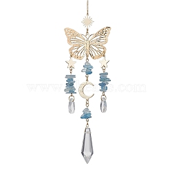 Aquamarine with Glass Pendant Decorations, With Alloy Finding, Butterfly, 255~257mm(HJEW-TA00129-01)