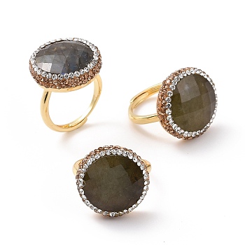 Natural Labradorite Flat Round Adjustable Ring with Rhinestone, Golden Brass Jewelry for Women, US Size 7 1/4(17.5mm)