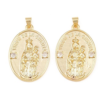 Brass Micro Pave Clear Cubic Zirconia Pendants, Oval with Virgin Mary Charms, Long-Lasting Plated, Rack Plating, Lead Free & Cadmium Free, Real 18K Gold Plated, 34x23x2mm, Hole: 3.5x5mm