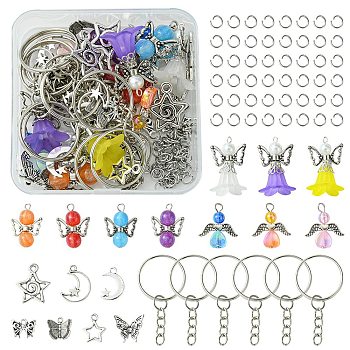 Alloy with Transparent Acrylic Pendants, with Iron Split Key Rings with Chain Set, Mixed Color, 10~27.5x12~18x2~6mm, Hole: 1.6~2.5mm