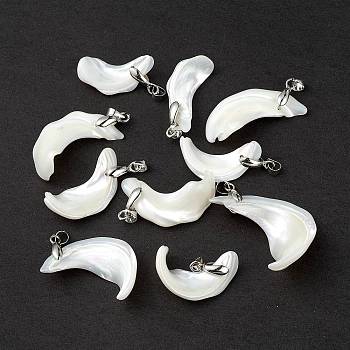 Natural Trochid Shell/Trochus Shell Pendants, Petal Charms, with Platinum Tone Brass Snap on Bails, Seashell Color, 25~35x13~25x6~13mm, Hole: 4.5x3.5mm