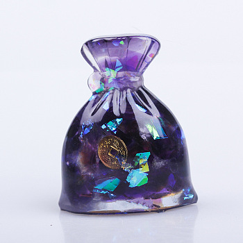 Resin Money Bag Display Decoration, with Natural Amethyst Chips inside Statues for Home Office Decorations, 46x25x50mm
