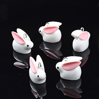 Opaque Resin Pendants, with Platinum Tone Iron Loop, 3D Rabbit, White, 16x19x11mm, Hole: 1.8mm