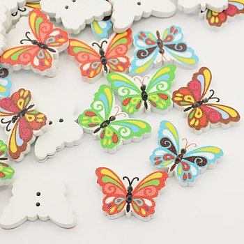 Printed Butterfly Wooden Buttons, 2-Hole, Dyed, Mixed Color, 17x24x4mm, Hole: 1mm