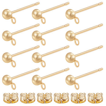 Beebeecraft 50Pcs Brass Half Round Stud Earring Findings, with Horizontal Loops & 50Pcs Friction Ear Nuts, Real 18K Gold Plated, 5.5x3x2.5mm, Hole: 1mm, Pin: 0.7~0.8mm