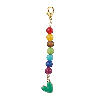 Alloy Enamel Heart Pendant Decorations, with Chakra Natural Gemstone Round Bead and Alloy Lobster Claw Clasps, Green, 100mm