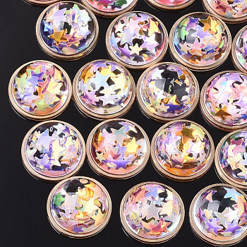 Resin Cabochons, with Paillette & Brass Findings, Dome/Half Round, Light Gold, Colorful, 16x8mm