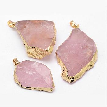 Natural Madagascar Rose Quartz Crystal Pendants, Nuggets, with Brass Finding, Golden, 45~63x26~33x9~10mm, Hole: 5x8mm