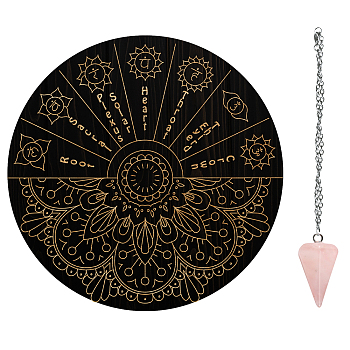 AHADEMAKER 1Pc Cone/Spike/Pendulum Natural Rose Quartz Stone Pendants, 1Pc 304 Stainless Steel Cable Chain Necklaces, 1Pc PVC Custom Pendulum Board, Dowsing Divination Board, Chakra Theme, Board: 200x4mm