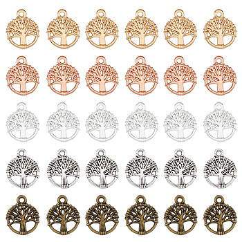300Pcs 5 Colors Alloy Charms, Flat Round with Tree of Life Charm, Mixed Color, 12x10x1.7mm, Hole: 1.2mm, 60pcs/color