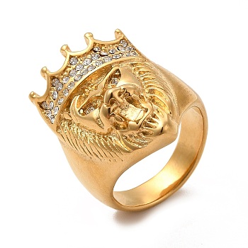 304 Stainless Steel Rhinestone Finger Rings, Lion with Crown Wide Band Rings for Women Men, Golden, US Size 8 1/2(18.5mm)