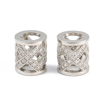 Brass Micro Pave Clear Cubic Zirconia European Beads, Large Hole Beads, Column with Rhombus Pattern, Rack Plating, Long-Lasting Plated, Lead Free & Cadmium Free, Platinum, 9x10mm, Hole: 5mm
