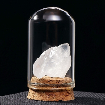 Raw Natural Quartz Crystal Nuggets Ornaments, Glass & Wood Bell Jars Mineral Specimens Statues for Home Desktop Feng Shui Decoration, 55x35mm