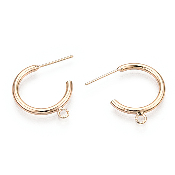 Brass Stud Earring Findings, Half Hoop Earrings, with Loop, Nickel Free, Real 18K Gold Plated, 23x24x2mm, Hole: 2mm, Pin: 0.7mm
