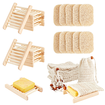 AHADEMAKER Beauty Soap Accessories, including 10Pcs Natural Wooden Soap Case Holder, 10Pcs PVC Soap Saver Pads and 10Pcs Ramie Soap Bag, Mixed Color, 118~145x76~95x4~17mm