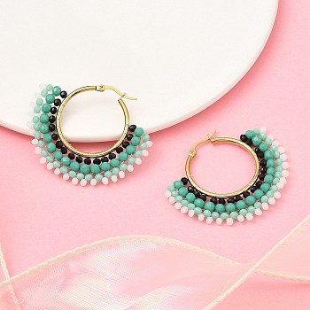 304 Stainless Steel & Bohemian Beaded Fan Hoop Earrings for Women, Golden, Green, 43.5x50x4.5mm, Pin: 0.8mm