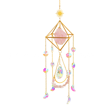 Geometric Natural Raw Rose Quartz Suncatchers, AB Color Plated Glass Rainbow Maker, Wall Pendant Hanging Ornament for Home Garden Decoration, 450mm