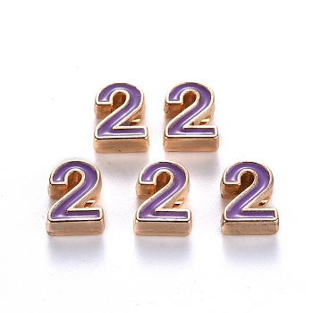 Alloy Enamel Beads, Number, Cadmium Free & Lead Free, Light Gold, Dark Violet, Num.2, 10x7.5x3mm, Hole: 1.5mm