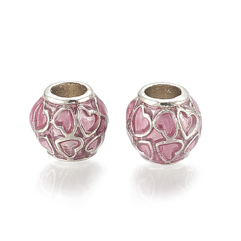 Alloy European Beads, Large Hole Beads, with Enamel, Rondelle with Heart, Platinum, Pearl Pink, 11x10mm, Hole: 5mm