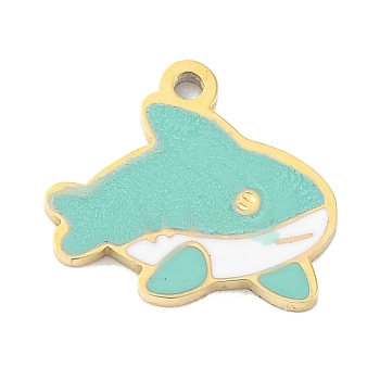 Ion Plating(IP) 304 Stainless Steel Charms, Sea Animal Theme Enamel Charms, Real 14K Gold Plated, Whale, 9x10x0.8mm, Hole: 0.8mm