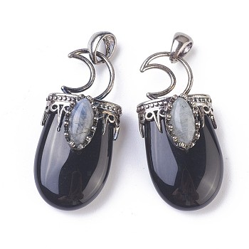 Natural Black Obsidian Pendants, with Brass Findings, Oval, Antique Silver, 44~46x20~21x16~17mm, Hole: 5x7mm