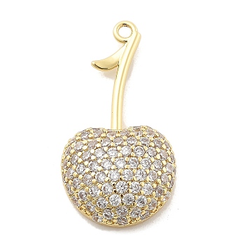 Brass Micro Pave Cubic Zirconia Pendants, Cherry Charms, Rack Plating, Long-Lasting Plated, Lead Free & Cadmium Free, Real 18K Gold Plated, 27.5x14.5x5.5mm, Hole: 1.5mm