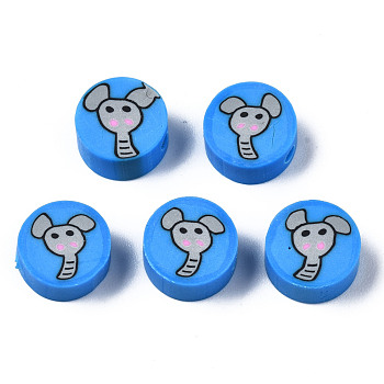 Handmade Polymer Clay Beads, for DIY Jewelry Crafts Supplies, Flat Round with Elephant, Dodger Blue, 9~9.5x3.5~5mm, Hole: 1.6mm