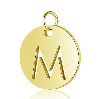 304 Stainless Steel Charms, Flat Round with Letter, Golden, Letter.M, 12x1mm, Hole: 2.5mm