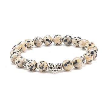 Natural Dalmatian Jasper Stretch Bracelet with Alloy Beads, Gemstone Jewelry for Women, Inner Diameter: 2-1/4 inch(5.7cm)