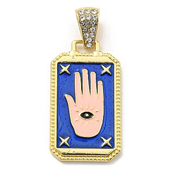 Rack Plating Alloy Enamel Pendants with Crystal Rhinestone Pendants, Rectangle Charms with Palm, Long-Lasting Plated, Lead Free & Cadmium Free, Golden, Blue, 36x20.5x2.5mm, Hole: 9.5x5.3mm