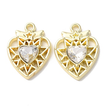 Eco-Friendly Alloy Pendants, with Glass, Heart, Golden, Clear, 20x15x4mm, Hole: 1.6mm