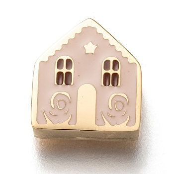 304 Stainless Steel Slide Charms, Enamel Style, House, Bisque, Golden, 12x11x3.5mm, Hole: 8x1.5mm
