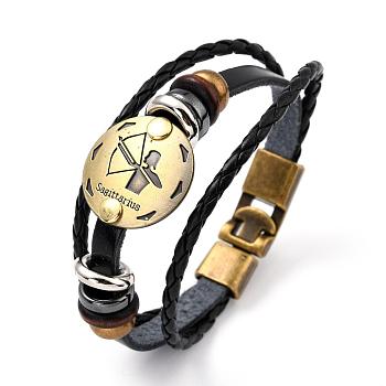 Braided Leather Cord Retro Multi-strand Bracelets, with Wood Beads, Hematite Beads and Alloy Findings, Flat Round,  Antique Bronze, Sagittarius, 8-1/4 inch(21cm)