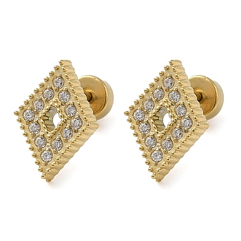 304 Stainless Steel Stud Earrings with Rhinestone, Hollow Rhombus, Real 14K Gold Plated, 11x7.5mm