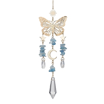 Aquamarine with Glass Pendant Decorations, With Alloy Finding, Butterfly, 255~257mm