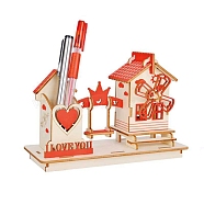 DIY 3D Wooden Puzzle, Hand Craft Heart House Model Kits,  with Pen Holder, Woodcraft Gift Assembly Toy for Children, Friend, Orange Red, 72x182x121mm, 37pcs/set(TPUZ-PW0001-06A)