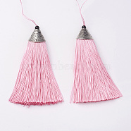 Nylon Tassels Big Pendant Decorations, with CCB Plastic, Antique Silver, Pink, 85x20x10.5mm(HJEW-G010-A11)