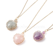 Copper Wire Wrapped Natural Mixed Stone Heart Pendant Necklaces, Golden Plated 304 Stainless Steel Necklace for Women, 17.52 inch(44.5cm), 1.5mm(NJEW-JN03971)