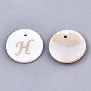 Natural Freshwater Shell Pendants, with Golden Plated Brass Etched Metal Embellishments, Flat Round with Letter, Letter.H, 15x2mm, Hole: 1.2mm(SHEL-N027-04H)