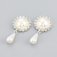 Brass Rhinestone Flat Back Cabochons, with Acrylic Rhinestone and ABS Plastic Imitation Pearl , Half Round and Drop, Silver Color Plated, 41mm, Flat Round: 22.5x20.5x7.5mm, Teardrop: 19x7.5mm(RB-S048-14)