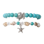 2Pcs 2 Style Synthetic Turquoise & Glass & Shell Stretch Bracelets with Tortoise, Stackable Bracelets with Alloy Starfish Charms, 7-1/4 inch(18.5cm), 1Pc/style(BJEW-JB10091-02)