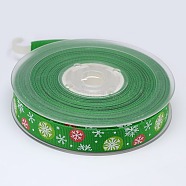 Christmas Snowflake Printed Grosgrain Ribbon for Christmas Gift Package, Green, 1 inch(25mm), about 100yards/roll(91.44m/roll)(SRIB-D010-25mm-01)