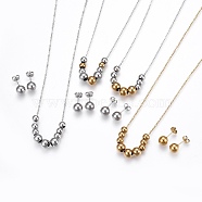 304 Stainless Steel Graduated Beaded Jewelry Sets, Necklaces and Stud Earrings, Round, Golden & Stainless Steel Color, 17.7inches(45cm); 19x8mm; Pin: 0.7mm(SJEW-F188-01GP)