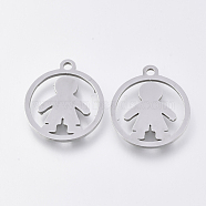 201 Stainless Steel Pendants, Laser Cut Pendants, Flat Round with Boy, Stainless Steel Color, 17x15x1mm, Hole: 1.4mm(STAS-S110-073P)
