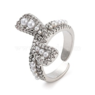 Rack Plating Brass Micro Pave Cubic Zirconia Bowknot Open Cuff Rings for Women, with Plastic Imitation Pearl, Long-Lasting Plated, Cadmium Free & Lead Free, Platinum, 19.5mm, Adjustable(RJEW-C080-04P)