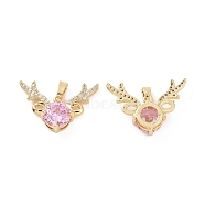 Brass Micro Pave Cubic Zirconia Christmas Deer Pendants, Real 18K Gold Plated, Pink, 16x24x6mm, Hole: 5x2.5mm(KK-E068-VC422)