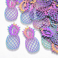 Ion Plating(IP) 201 Stainless Steel Filigree Pendants, Etched Metal Embellishments, Pineapple, Rainbow Color, 35.5x16x0.3mm, Hole: 1mm(X-STAS-R102-05)