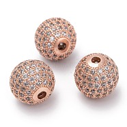 Brass Cubic Zirconia Beads, Round, Rose Gold, 12mm, Hole: 2mm(ZIRC-F001-15RG)
